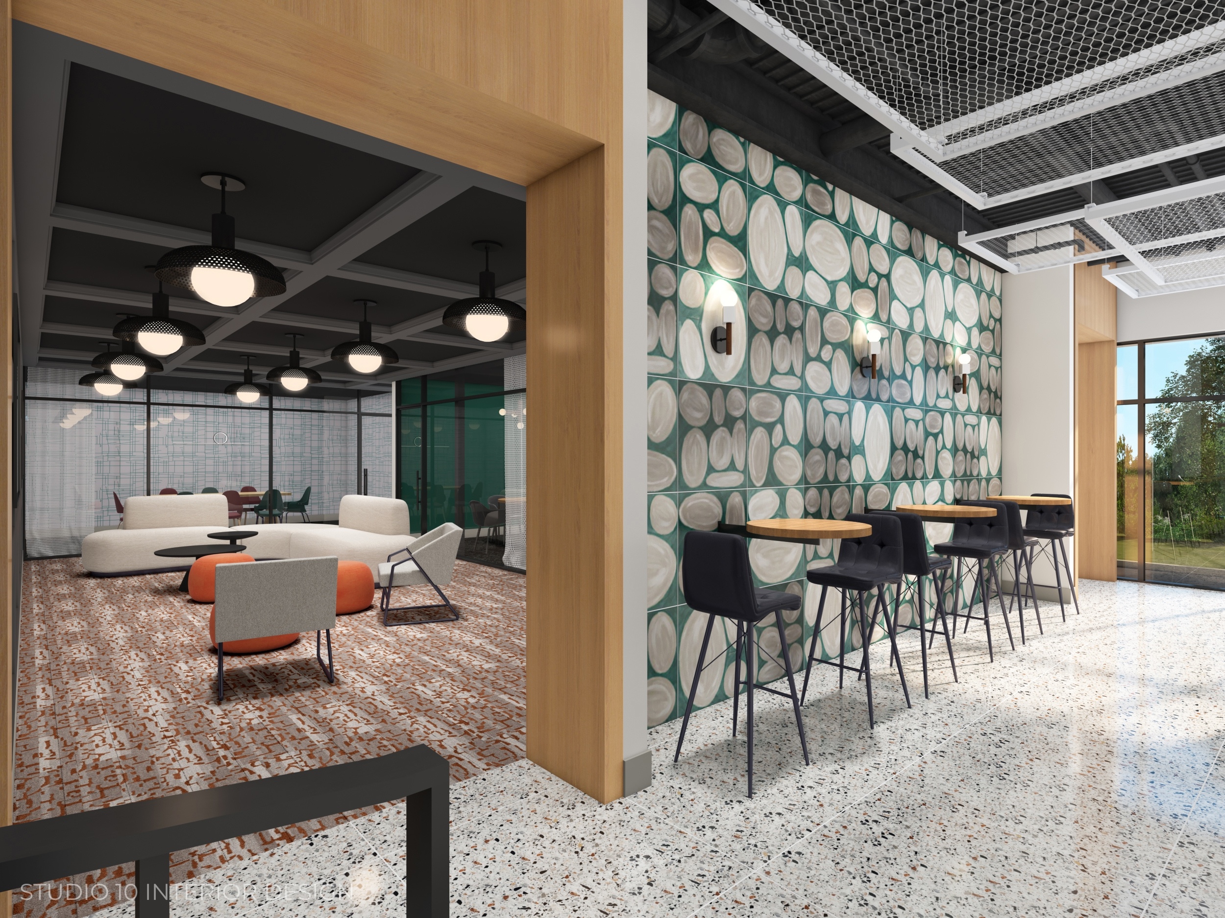 Rendering of modern interior with stylish furnishings.