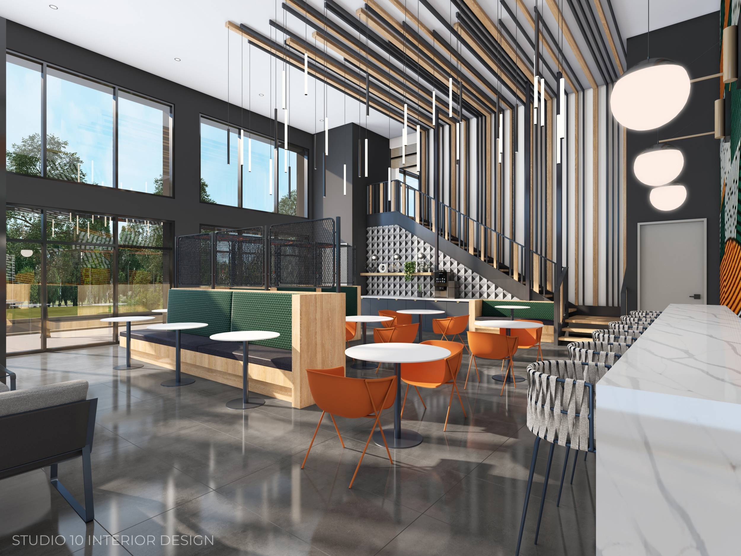 Rendering of modern cafe with stylish seating arrangement