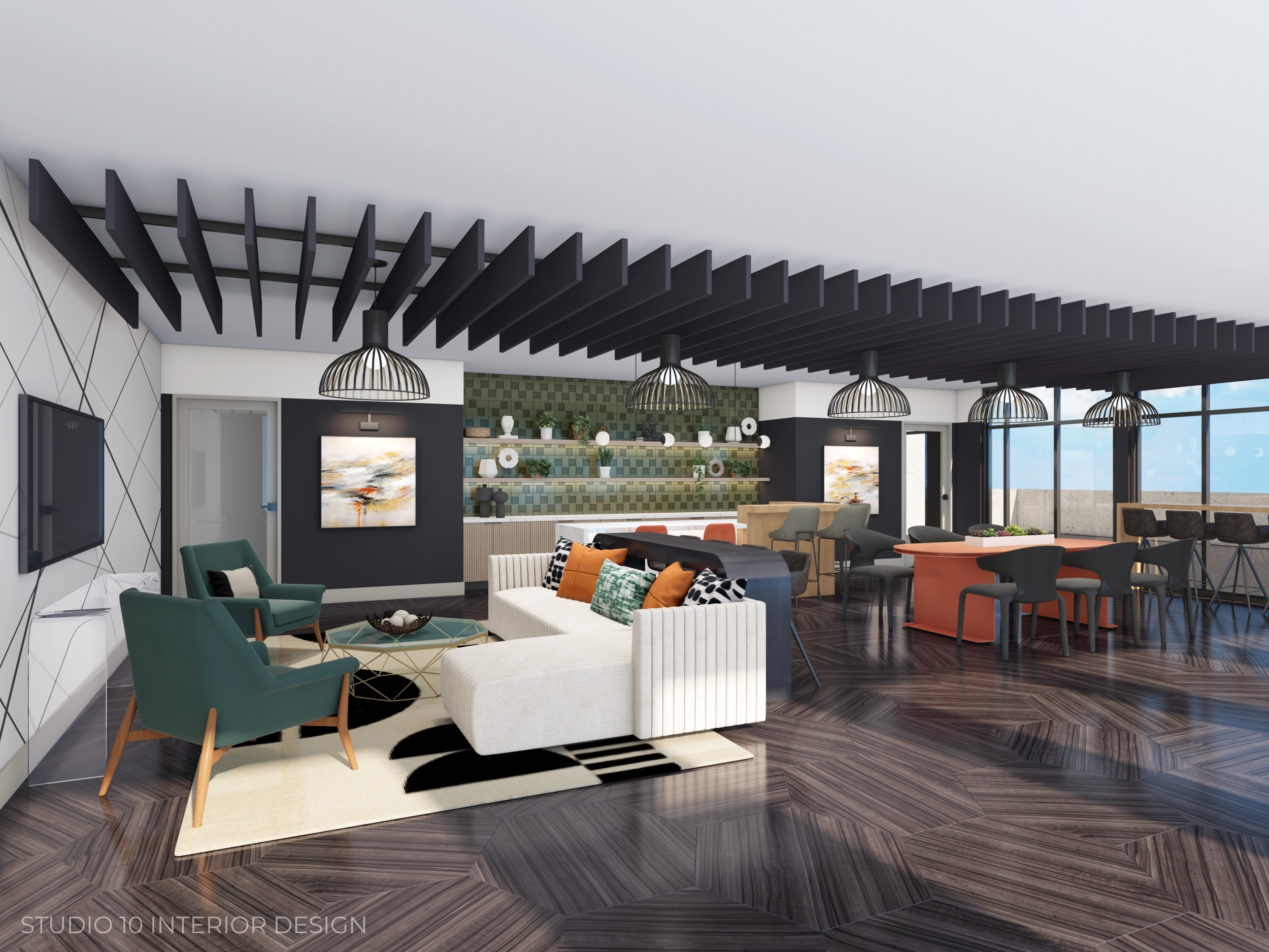 Rendering of modern interior with stylish furniture arrangement.