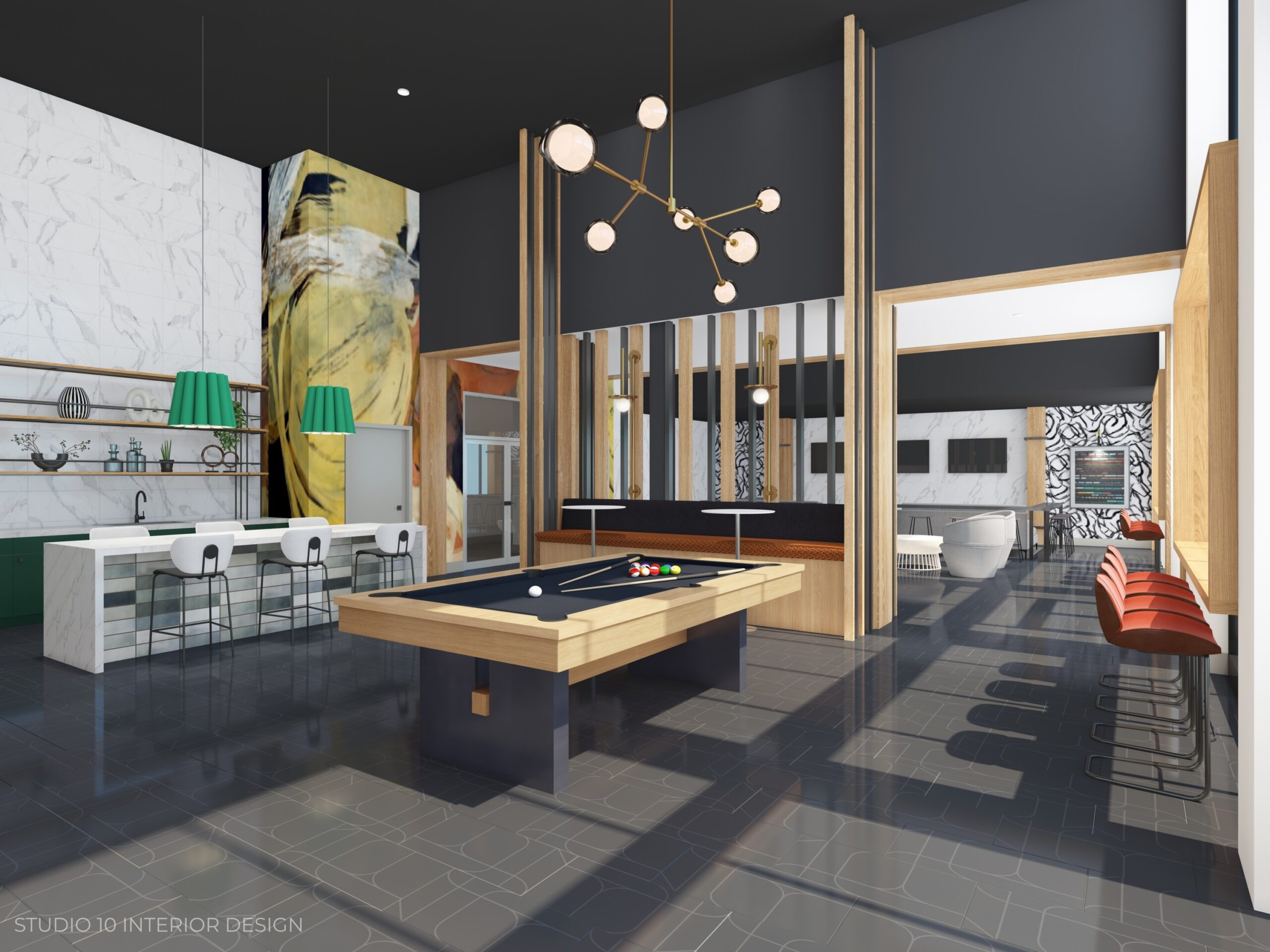 Rendering of modern interior with pool table