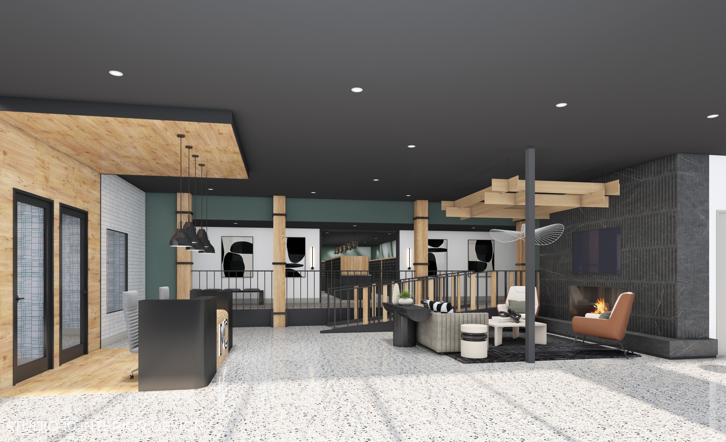 Rendering of modern lounge with stylish furniture.