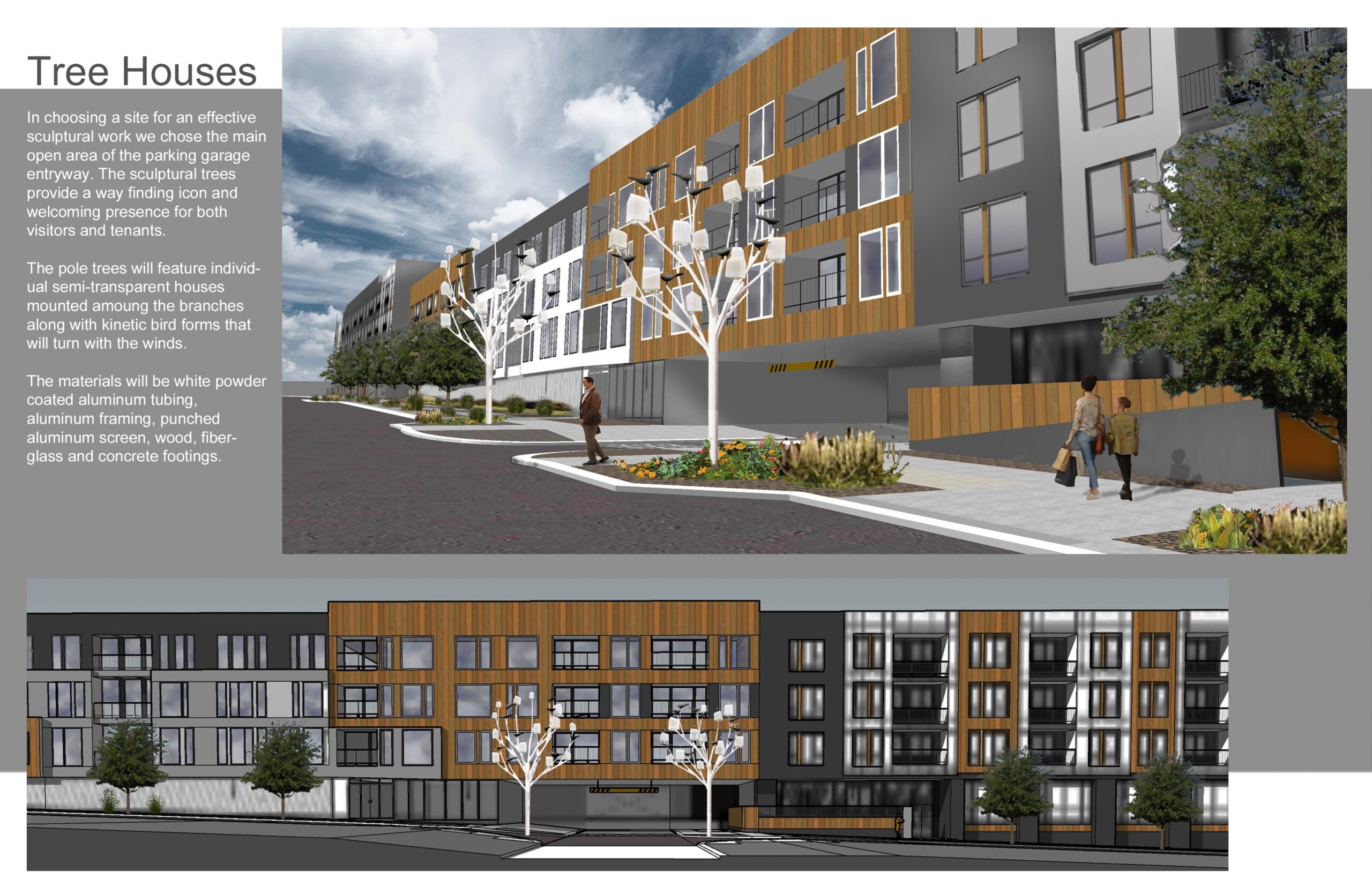 Rendering of modern building design with tree features.