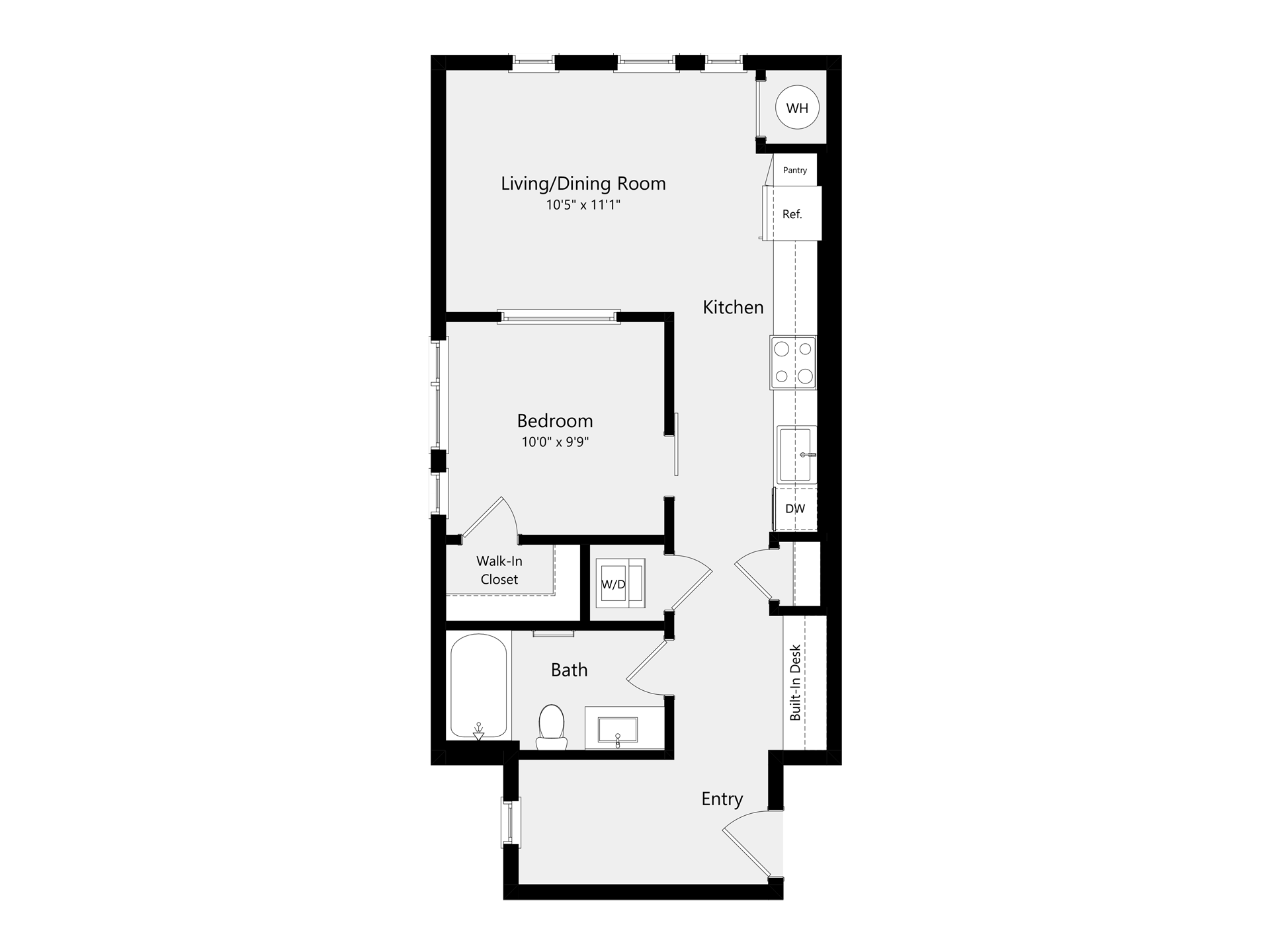 A 3D image of the S1B floorplan, a 657 squarefoot, 0 bed / 1 bath unit