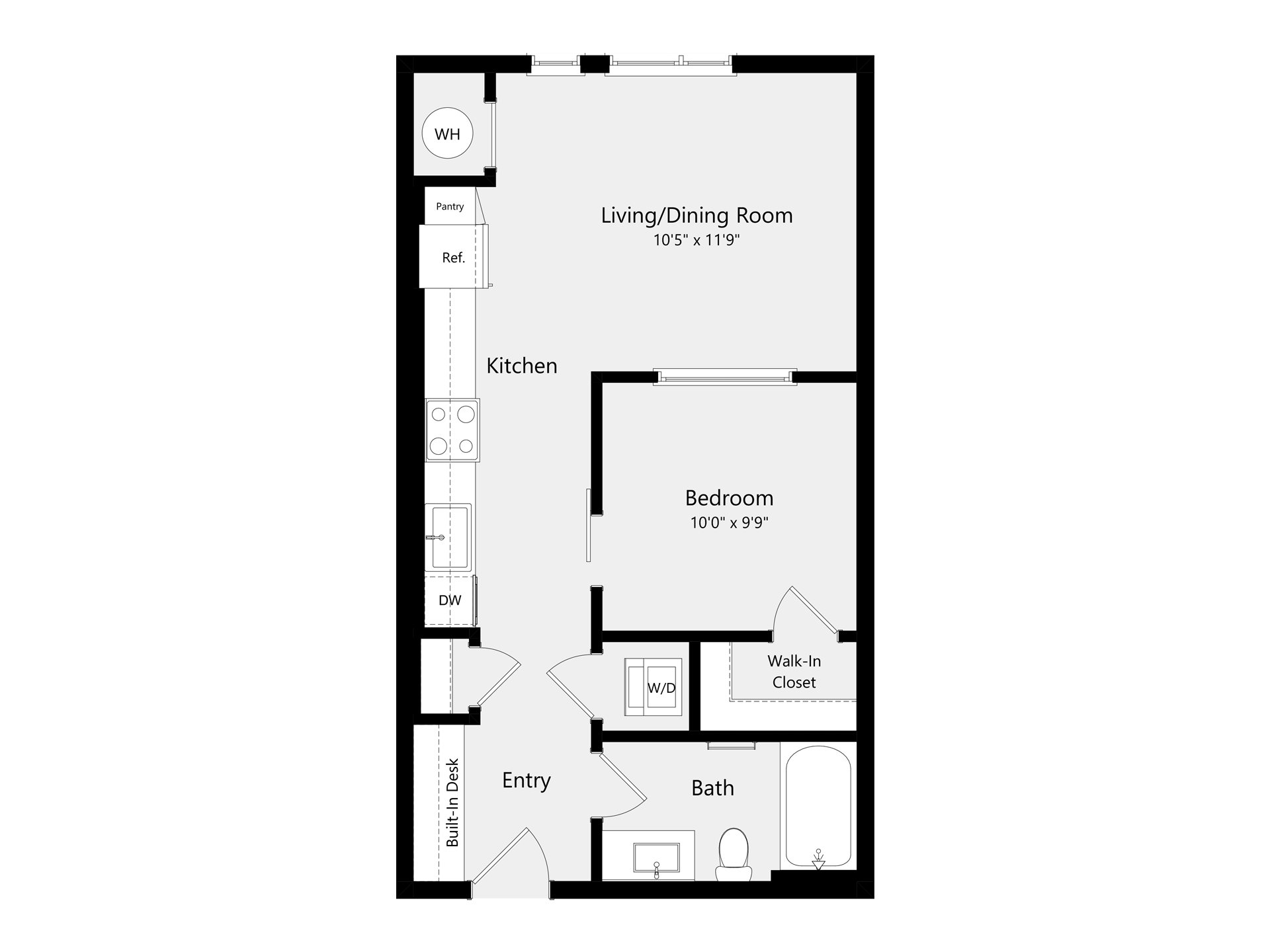 A 3D image of the S1C floorplan, a 594 squarefoot, 0 bed / 1 bath unit