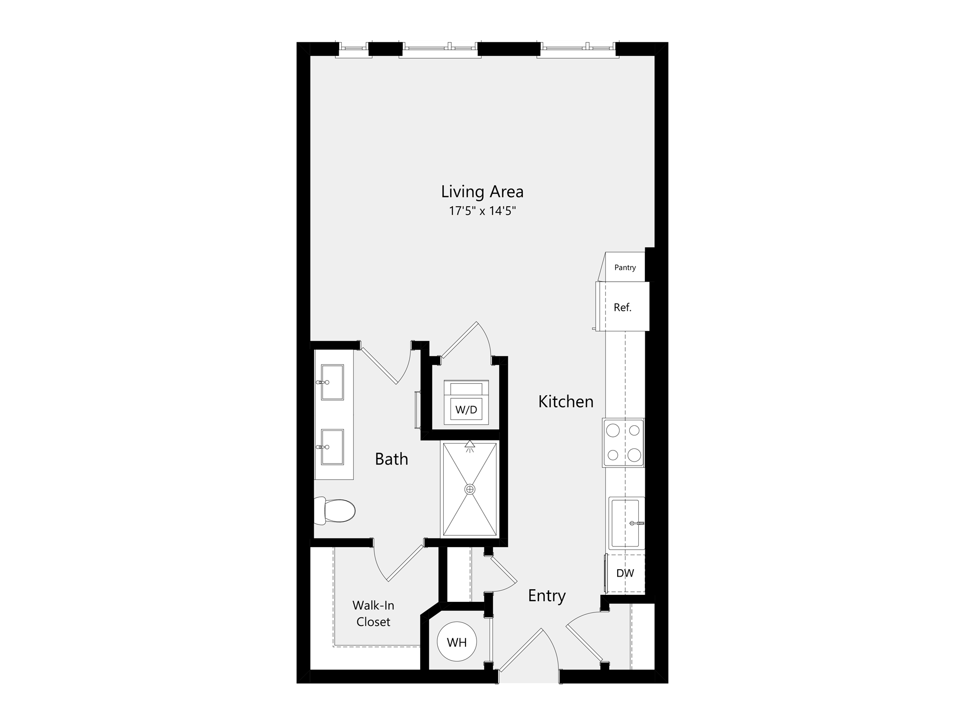 A 3D image of the S1D floorplan, a 581 squarefoot, 0 bed / 1 bath unit
