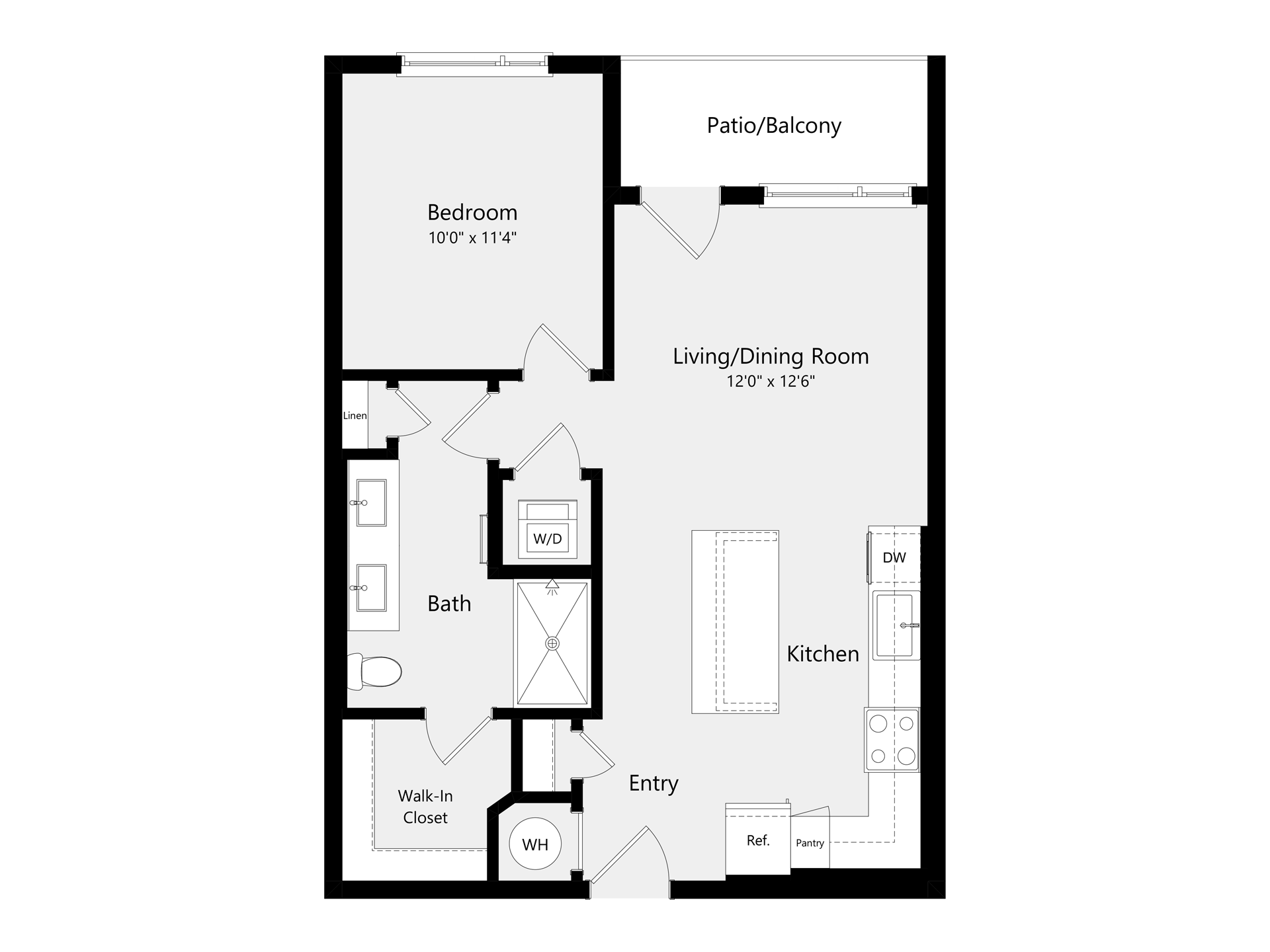 A 3D image of the A1A floorplan, a 675 squarefoot, 1 bed / 1 bath unit