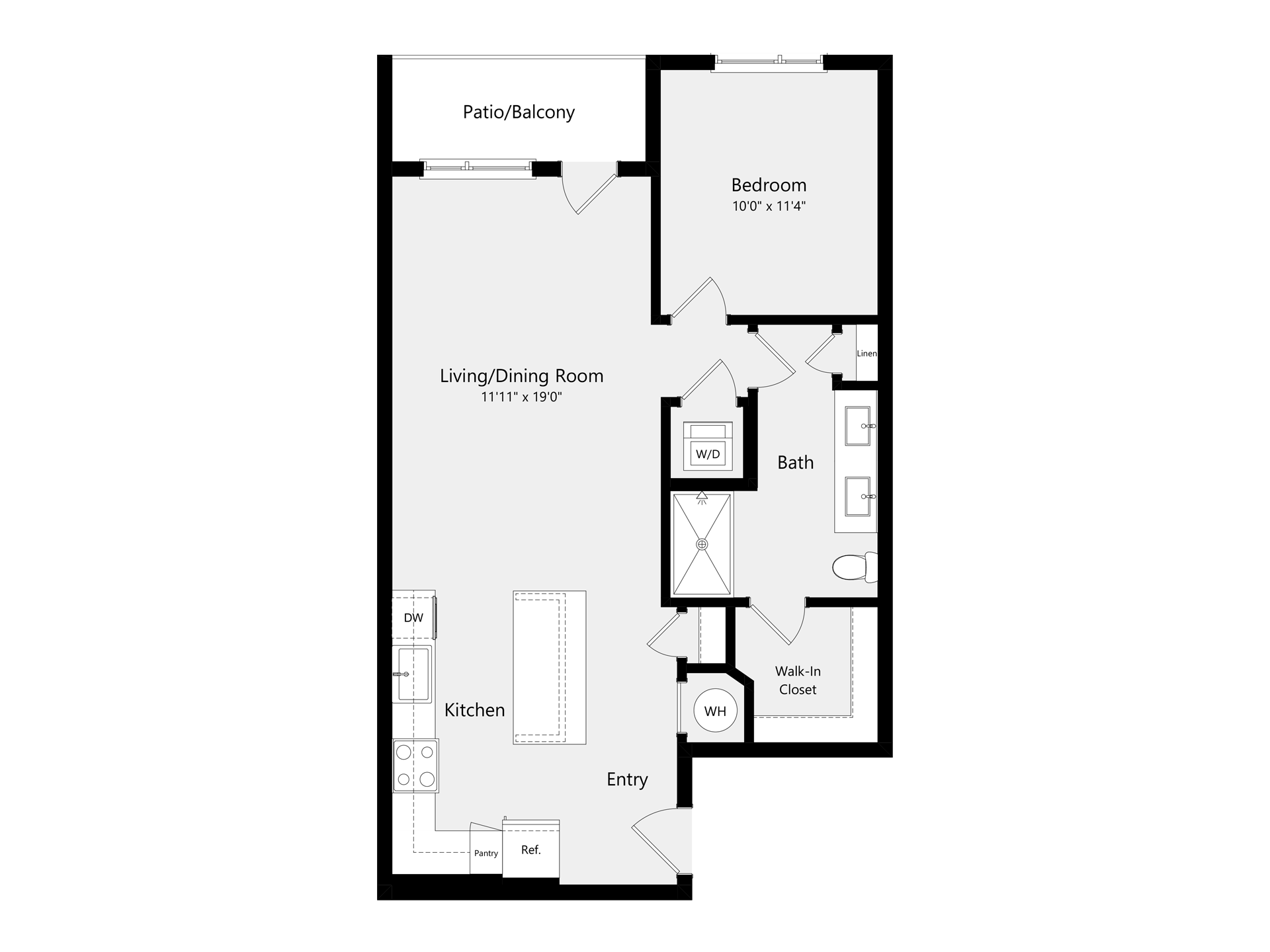 A 3D image of the A1B floorplan, a 764 squarefoot, 1 bed / 1 bath unit