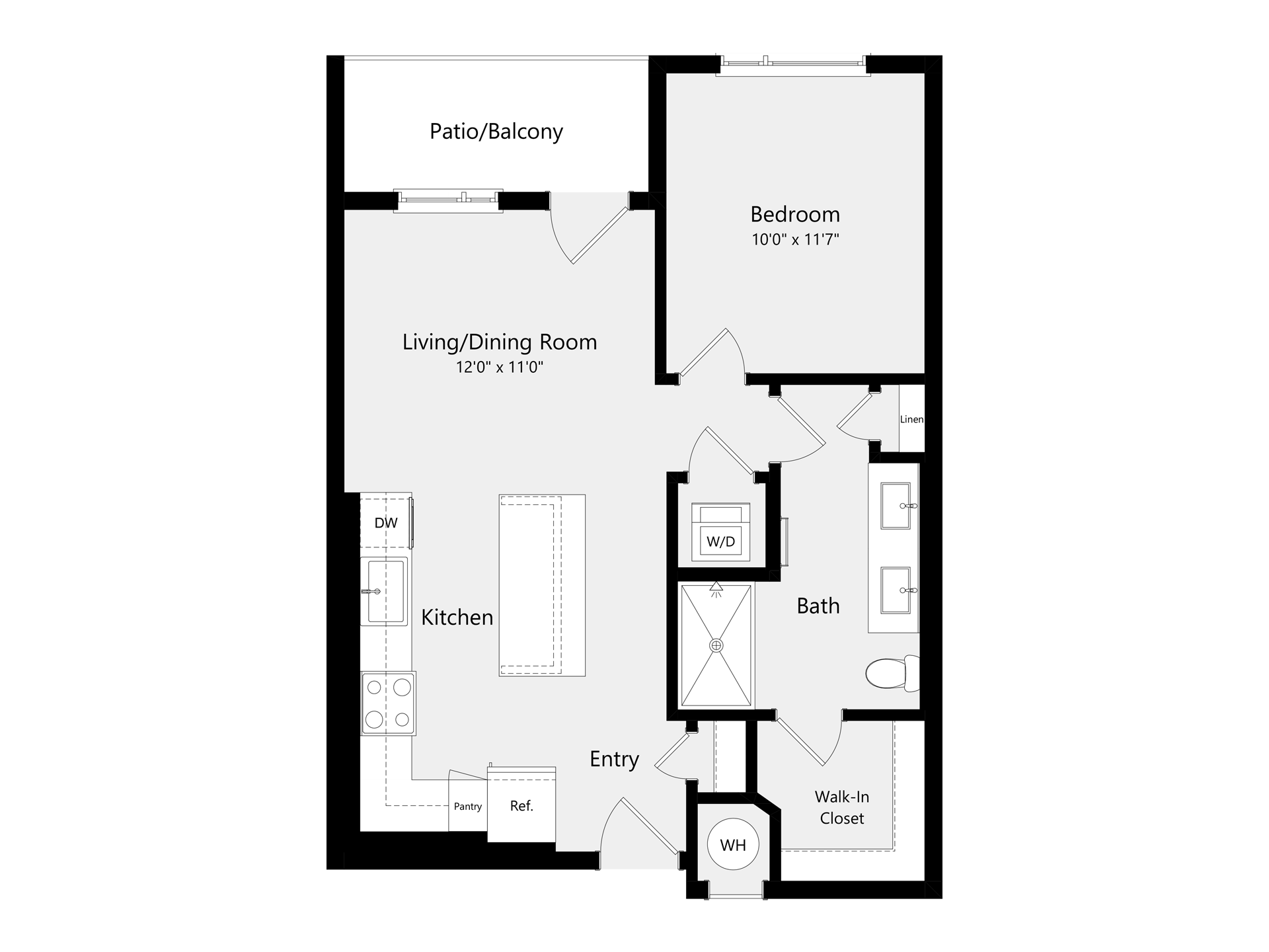 A 3D image of the A1C floorplan, a 663 squarefoot, 1 bed / 1 bath unit