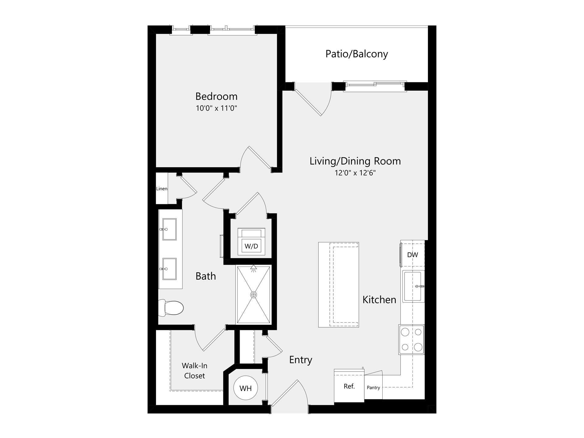 A 3D image of the A1D floorplan, a 690 squarefoot, 1 bed / 1 bath unit