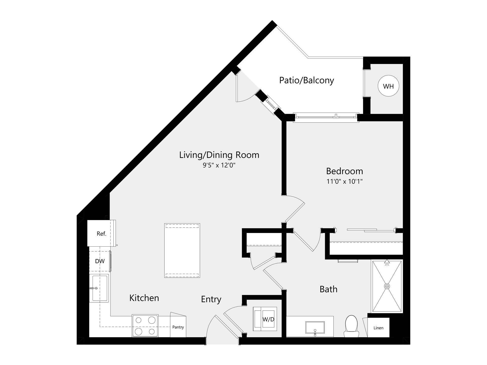 A 3D image of the A2A floorplan, a 652 squarefoot, 1 bed / 1 bath unit