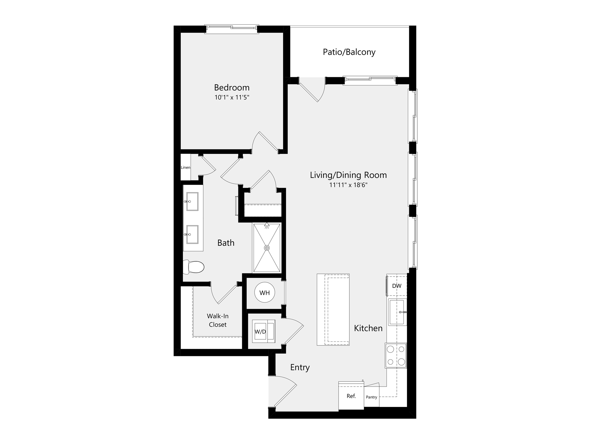 A 3D image of the A3B floorplan, a 764 squarefoot, 1 bed / 1 bath unit