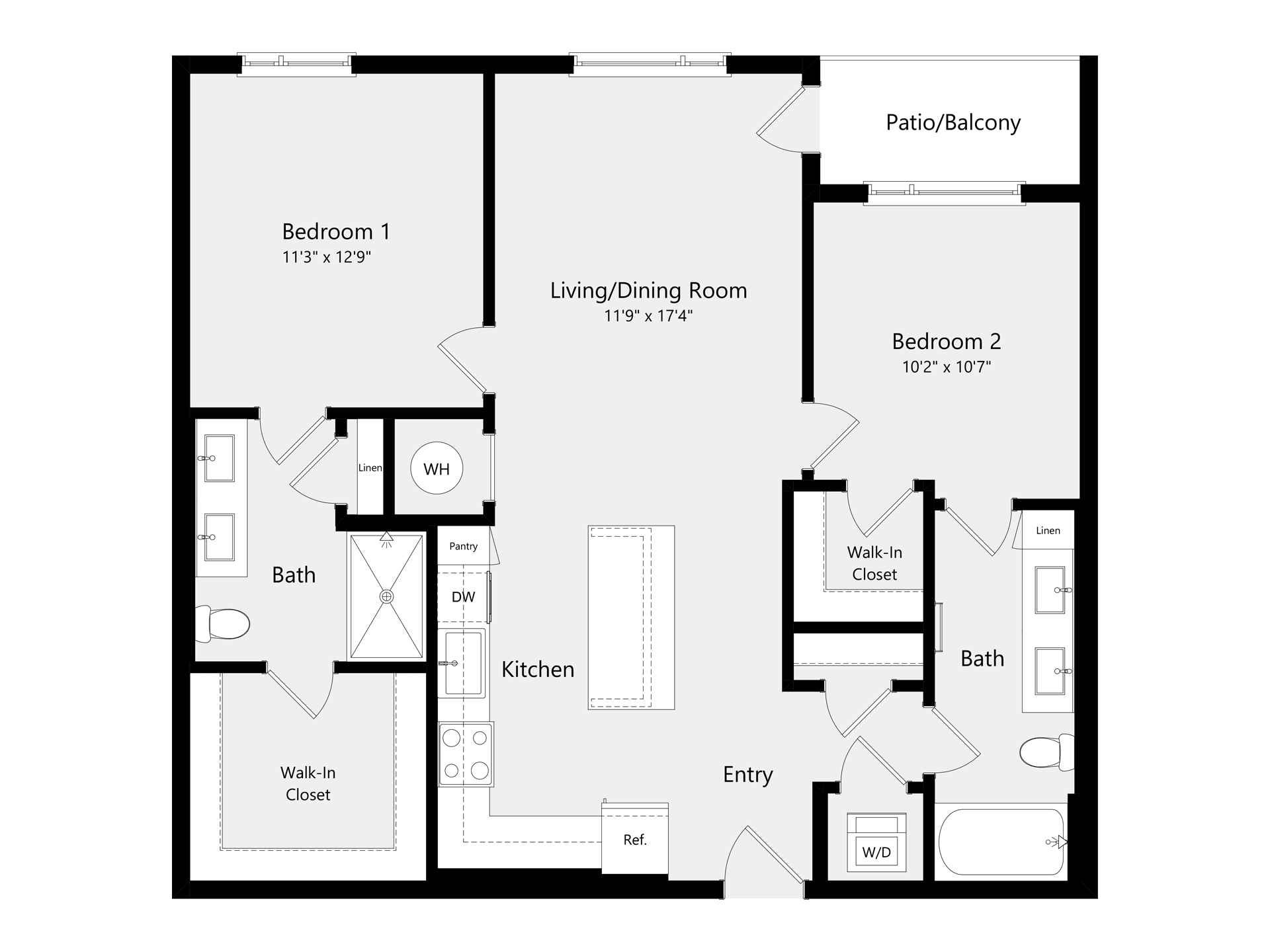 A 3D image of the B1A floorplan, a 1052 squarefoot, 2 bed / 2 bath unit