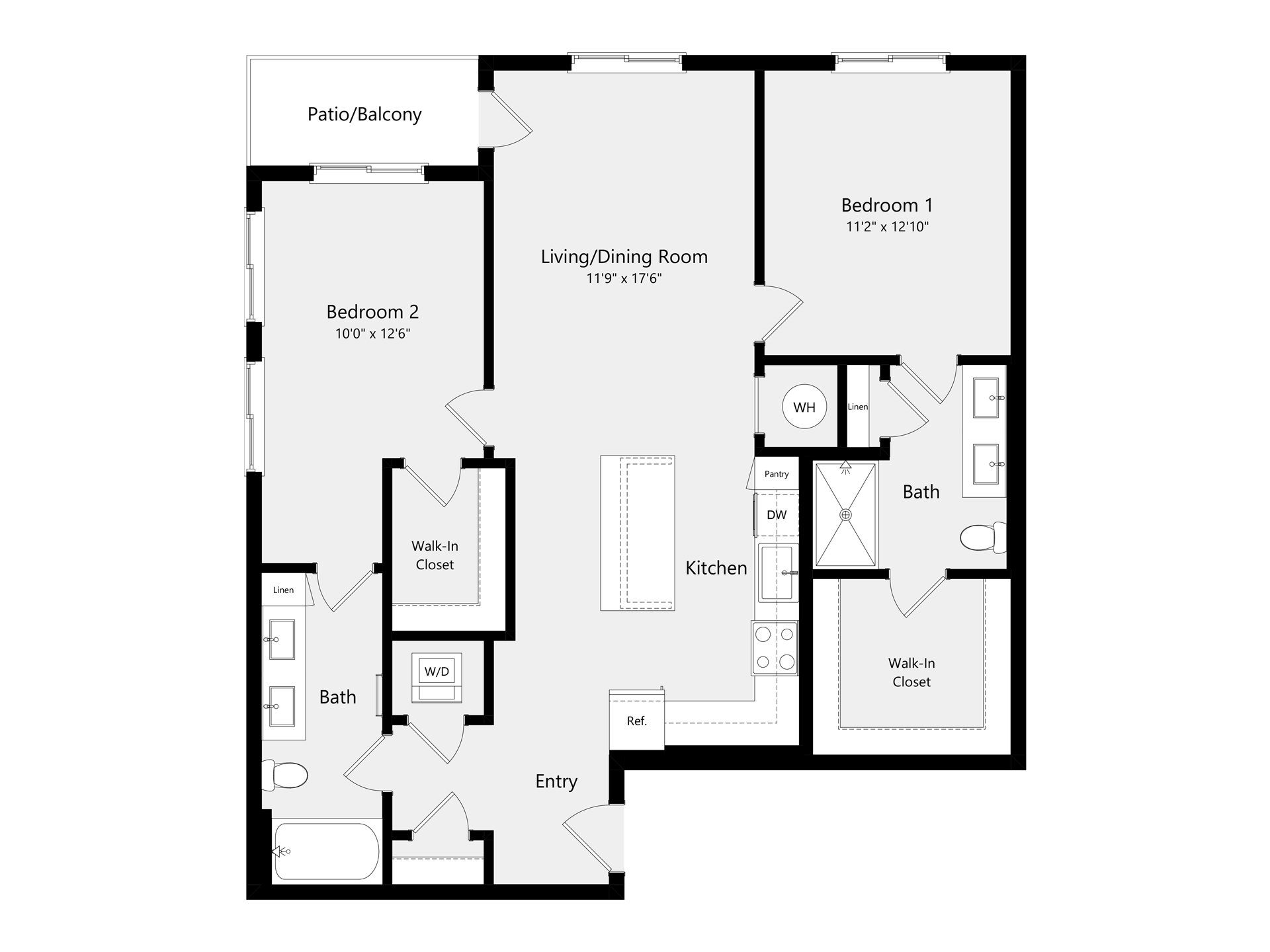 A 3D image of the B1B floorplan, a 1143 squarefoot, 2 bed / 2 bath unit