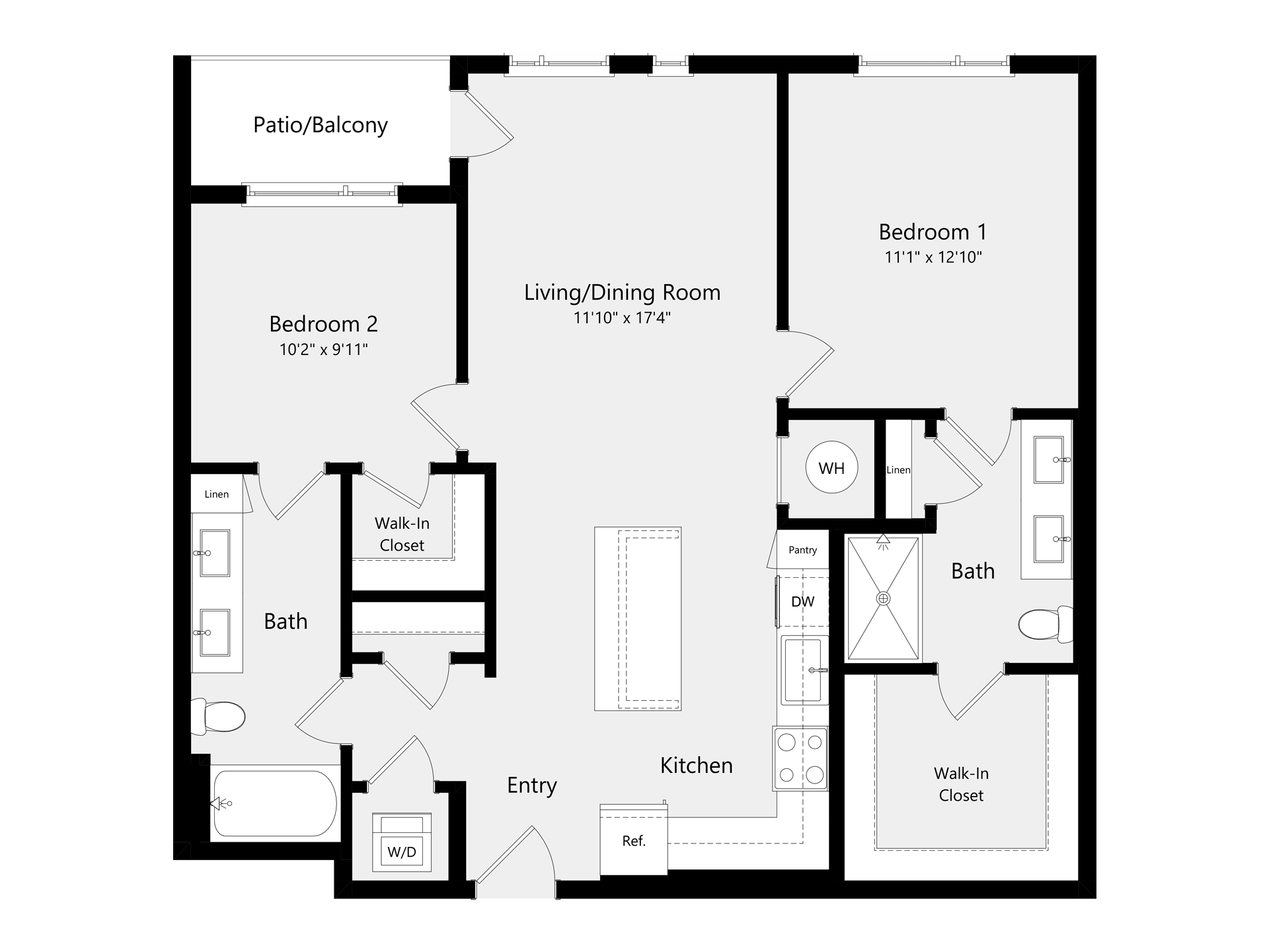 A 3D image of the B1D floorplan, a 1046 squarefoot, 2 bed / 2 bath unit
