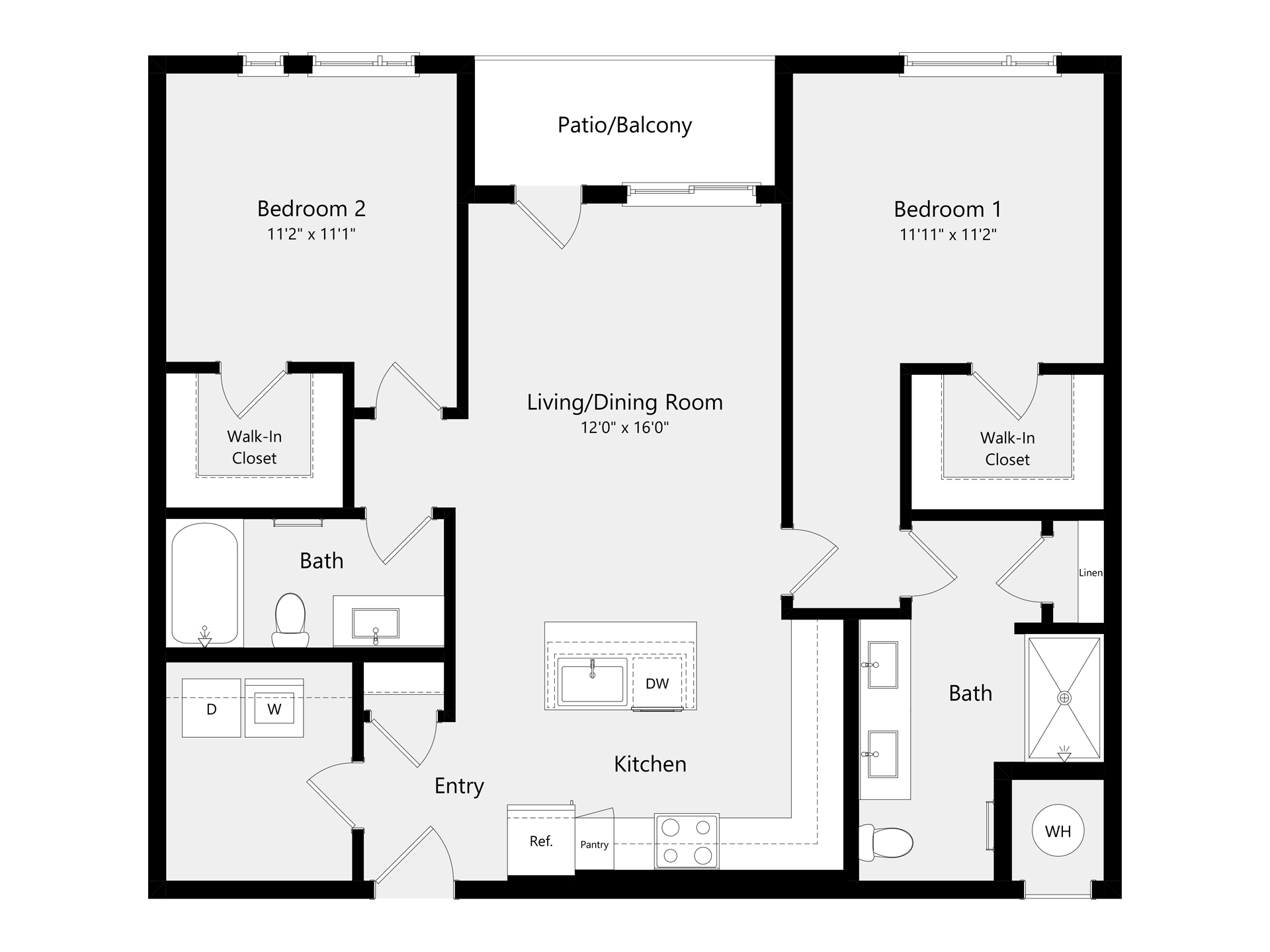 A 3D image of the B2A floorplan, a 1106 squarefoot, 2 bed / 2 bath unit