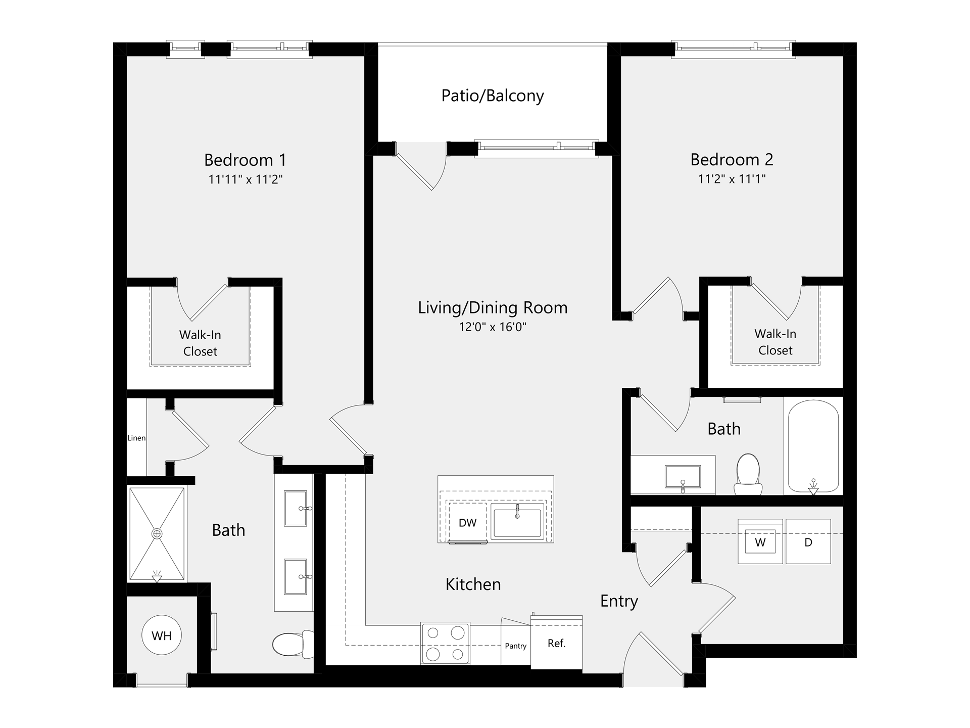 A 3D image of the B2B floorplan, a 1097 squarefoot, 2 bed / 2 bath unit