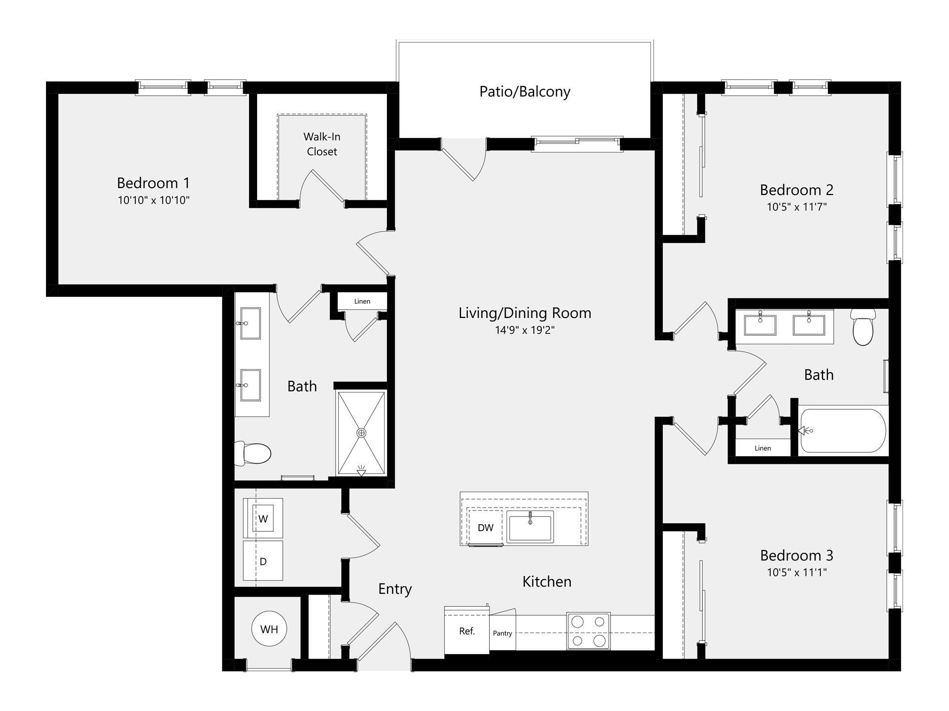 A 3D image of the C2A floorplan, a 1326 squarefoot, 3 bed / 2 bath unit