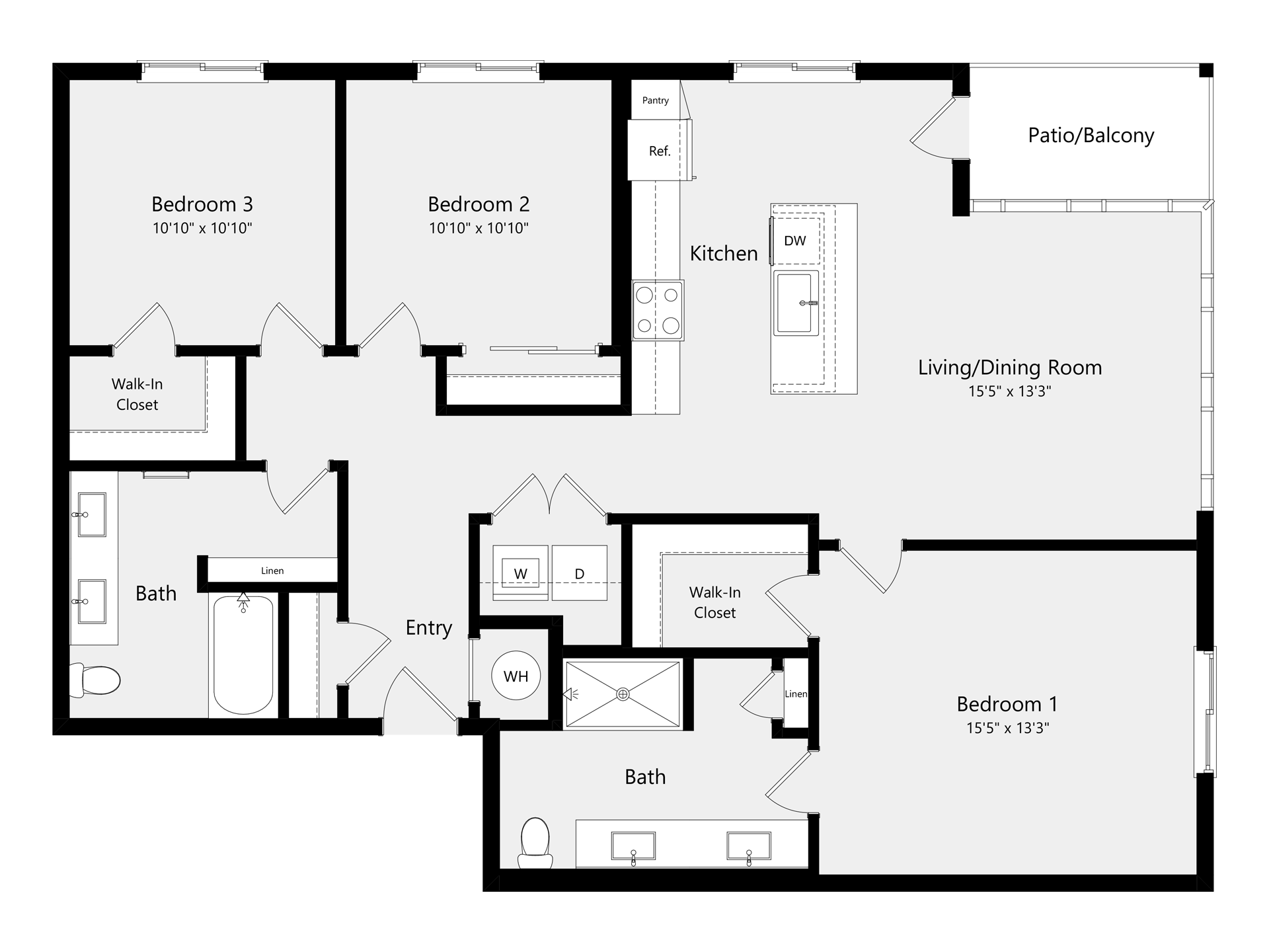 A 3D image of the C3A floorplan, a 1302 squarefoot, 3 bed / 2 bath unit