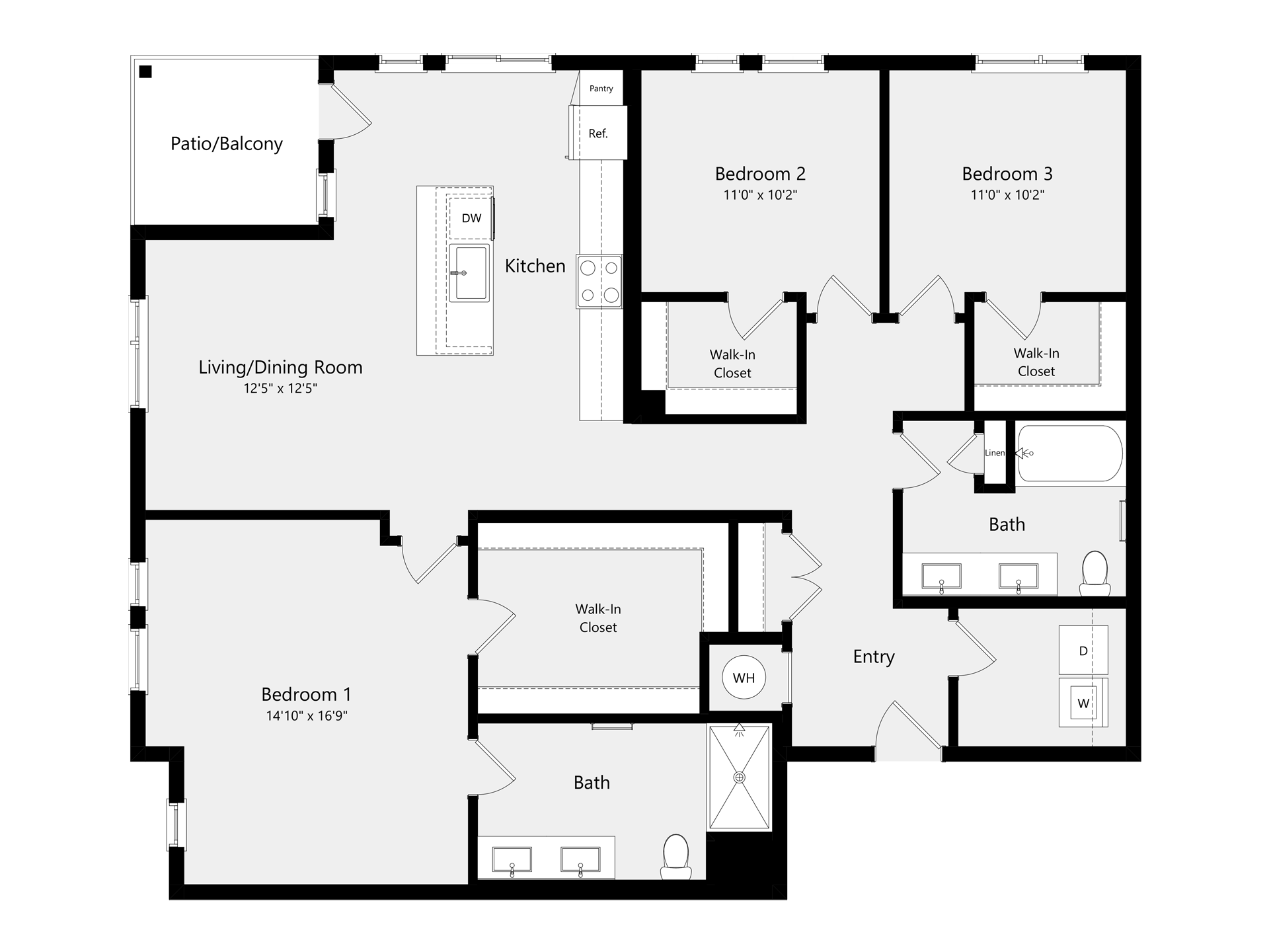 A 3D image of the C4 floorplan, a 1302 squarefoot, 3 bed / 2 bath unit