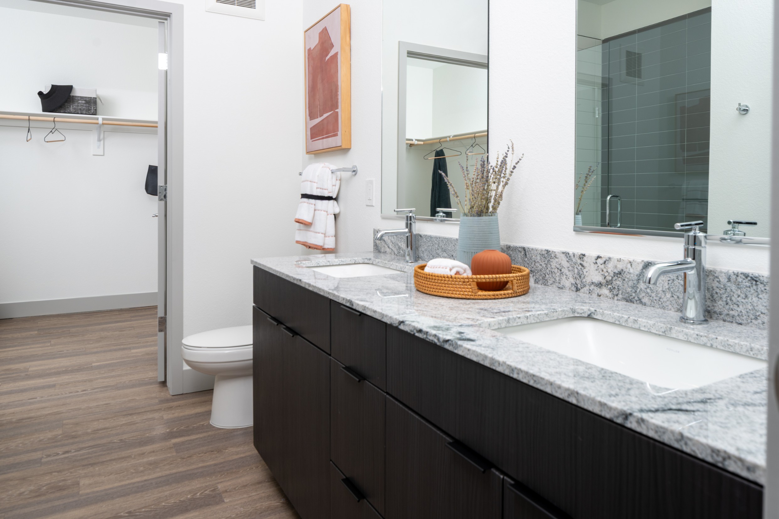 Model bathroom and walk-in closet at Legacy Metro 525