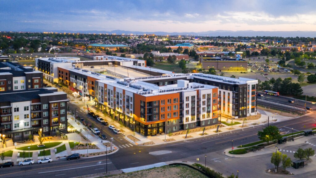 Legacy Metro 525 apartments with Aurora, CO and mountains in the background