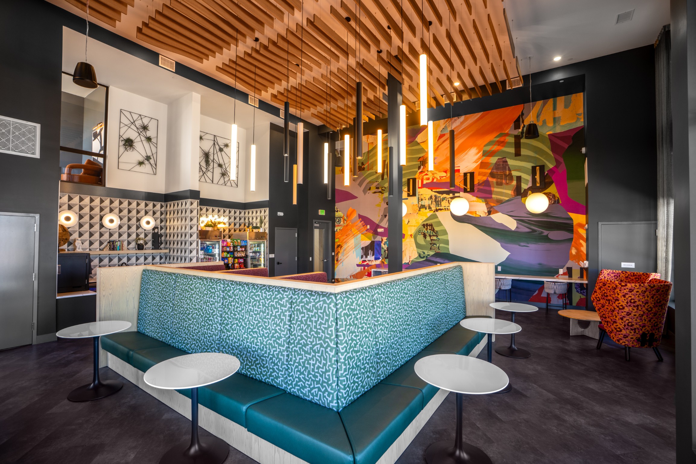 Vibrant coworking area with coffee bar at Legacy Metro 525